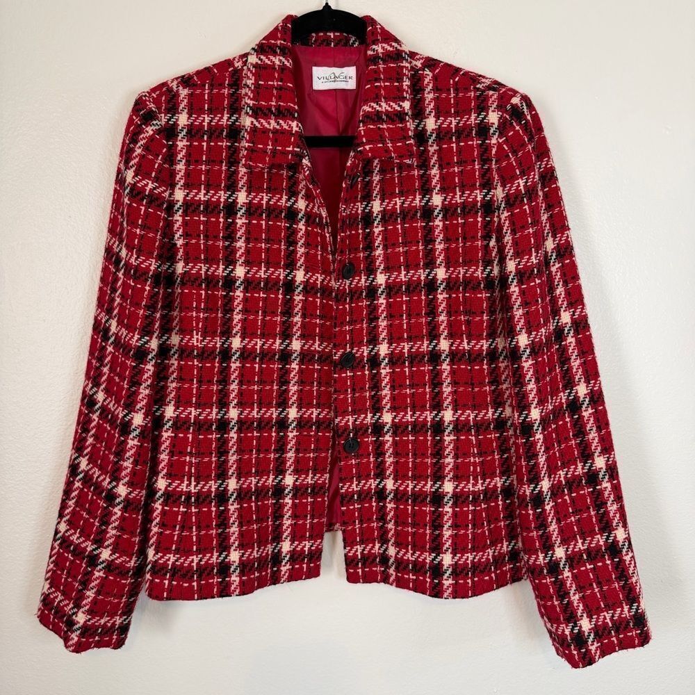 Liz Claiborne Villager Blazer Jacket Red Black White Plaid Size 12 Fully Lined